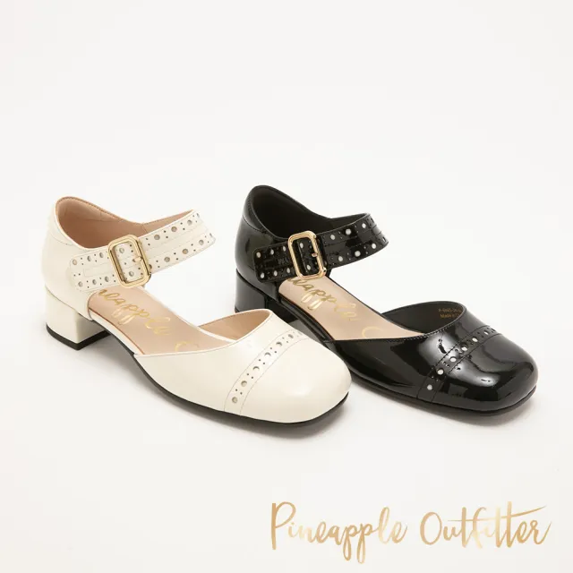【Pineapple Outfitter】真皮雕花粗跟瑪麗珍鞋GANG(鏡黑色)