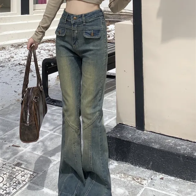 【AS 梨卡】女裝 牛仔 長褲 復古喇叭牛仔褲 高腰修身牛仔長褲 設計感拖地褲 韓版牛仔GA378