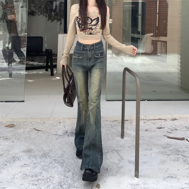 【AS 梨卡】女裝 牛仔 長褲 復古喇叭牛仔褲 高腰修身牛仔長褲 設計感拖地褲 韓版牛仔GA378（其他規格）