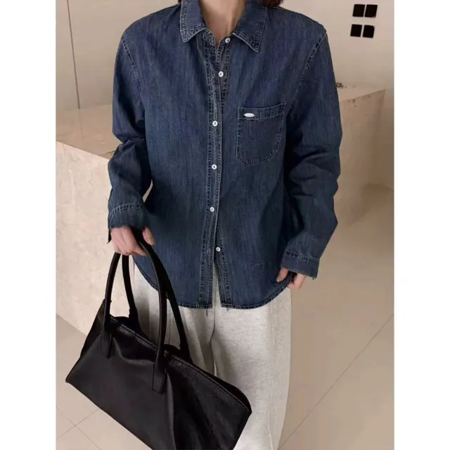 【buyer 白鵝】韓妞 口袋立體小標牛仔襯衫 深藍 淺藍