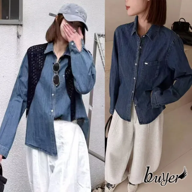 【buyer 白鵝】韓妞 口袋立體小標牛仔襯衫 深藍 淺藍