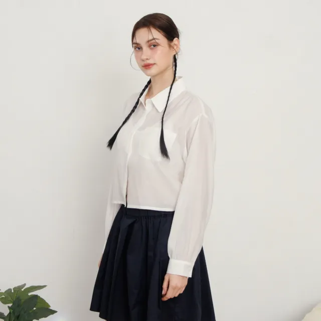 【MASTINA】短版邊抽繩綁帶透視感上衣 白 紫(魅力商品)