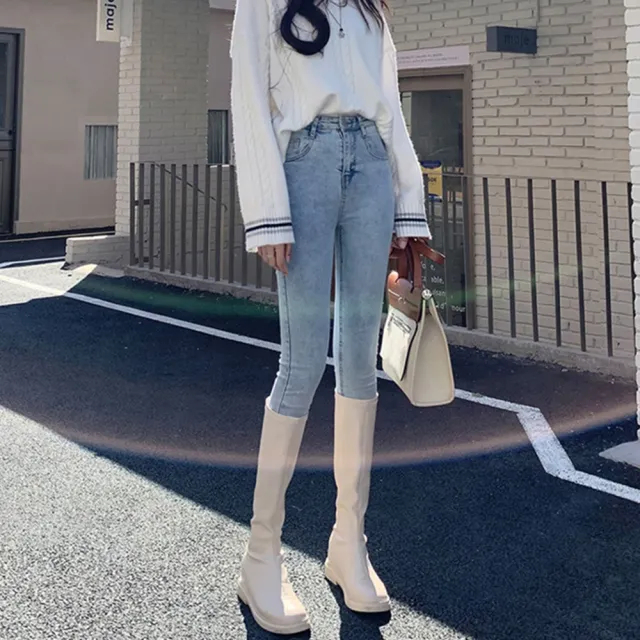 【D.studio】韓版加絨彈性高腰顯瘦緊身牛仔褲 長褲 休閒褲 高腰褲 直筒褲 黑褲 發熱褲 保暖褲 秋冬女裝P48