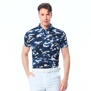【KING GOLF】速達-網路限定款-男款LOGO印花透氣迷彩底紋短袖POLO衫/高爾夫球衫-藍色