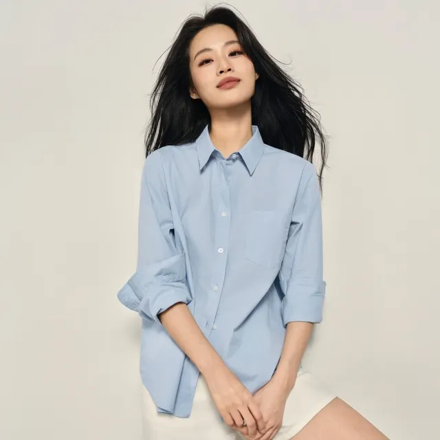 【GIORDANO 佐丹奴】韓系選品 女裝寬鬆休閒萊卡棉單口袋長袖襯衫(95 柔和藍)