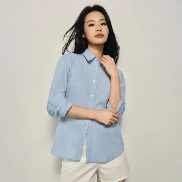 【GIORDANO 佐丹奴】韓系選品 女裝寬鬆休閒萊卡棉單口袋長袖襯衫(95 柔和藍)