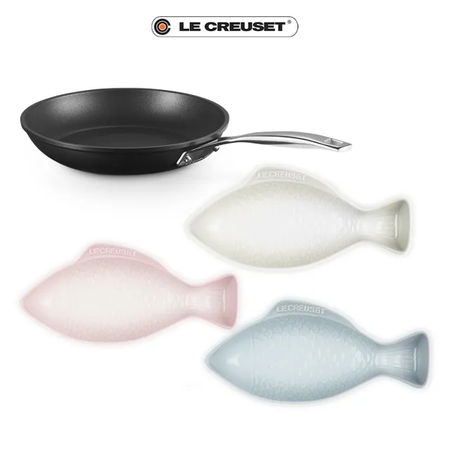 【Le Creuset】TNS 單柄平煎鍋 24cm+鮮魚盤-中(蛋白霜/貝殼粉/銀灰藍 3色選1)