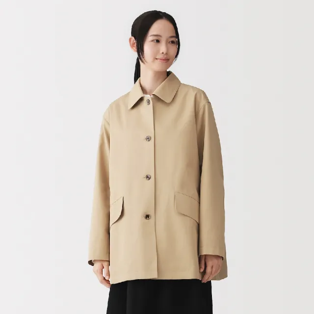 【MUJI 無印良品】女撥水加工棉混斜紋織折領短大衣(象牙白/米色/暗藍)