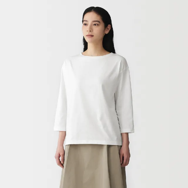 【MUJI 無印良品】女天竺船領七分袖T恤(白色/淺灰/深灰/黑色/煙燻粉/橘色/粉紫)