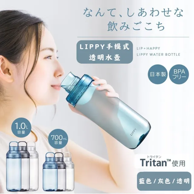 【LIPPY】日本製手提式Tritan透明水壺- 700ML (安全耐用 可拆洗 輕便水壺)