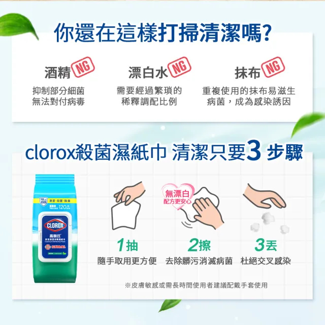 【Clorox 高樂氏】居家清潔殺菌濕紙巾120片x6-清新香(廚房去汙/環境消毒/消滅流感腸菌病毒/無酒精)