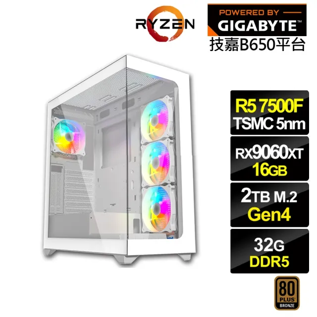 【技嘉平台】R5六核RX 9060 XT{BHCM62O71}電競電腦(R5-7500F/B650/32G D5/2TB)