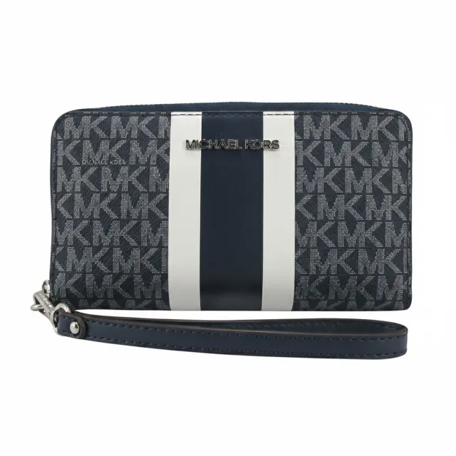 【Michael Kors】JET SET TRAVEL滿版LOGO直條紋PVC可拆式手提式長夾35F5STVE3K(藍銀)