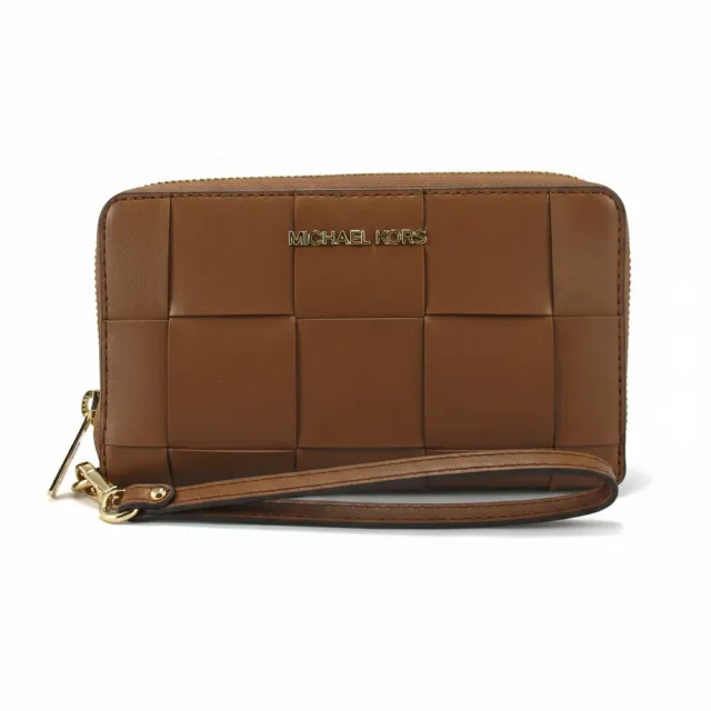 【Michael Kors】JET SET TRAVEL金屬LOGO編織造型可拆式手提式長夾35S4GTVE3V(咖啡)