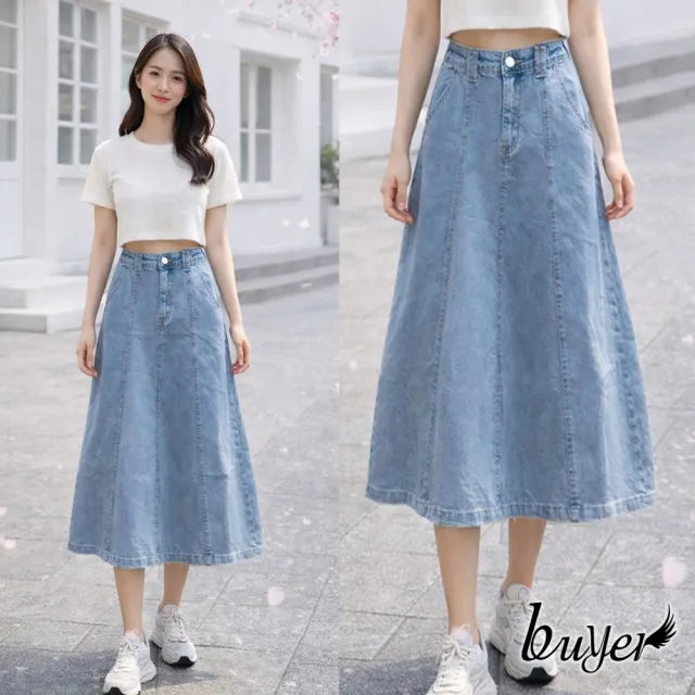 【buyer 白鵝】顯瘦 復古 甜美 A字 牛仔裙(深藍/淺藍M/L/XL)