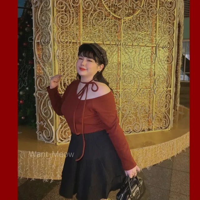 【Want-Meow】90公斤可穿/刷毛韓系小姐姐甜辣性感斜肩綁帶長袖上衣新年春酒(大碼/大尺碼/加大碼/長袖上衣)