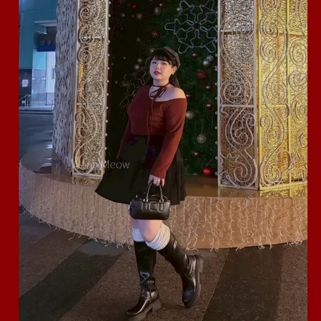 【Want-Meow】90公斤可穿/刷毛韓系小姐姐甜辣性感斜肩綁帶長袖上衣新年春酒(大碼/大尺碼/加大碼/長袖上衣)