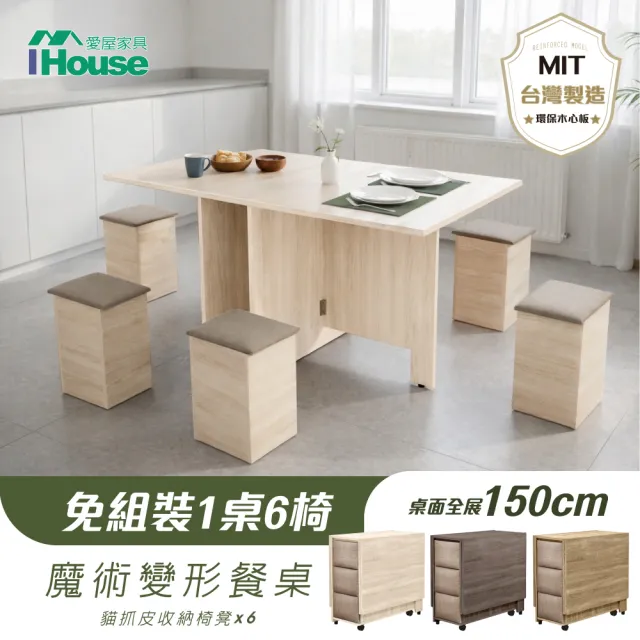 【IHouse】新團圓 免組裝台灣製桌椅組(1桌6椅/餐桌/摺疊桌)