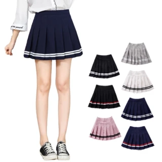 【橘魔法】調節扣 雙色線條百褶裙 內有安全褲 女童 兒童 大童 褲裙 短裙 裙子 校園 表演 聖誕節 親子款