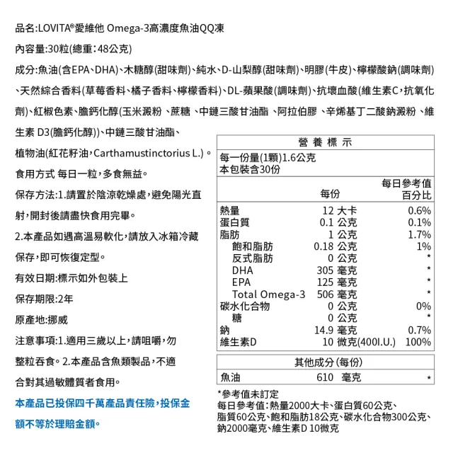 即期品【LOVITA 愛維他】即期品-Omega-3高濃度魚油QQ凍*4盒 30顆/盒 共120顆