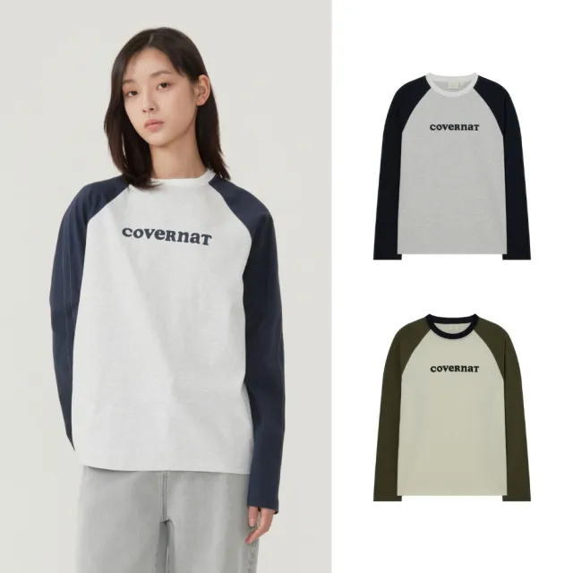 【COVERNAT】女款Logo雙色拼接長袖T恤(WMS長袖上衣 奶油白/混灰色)