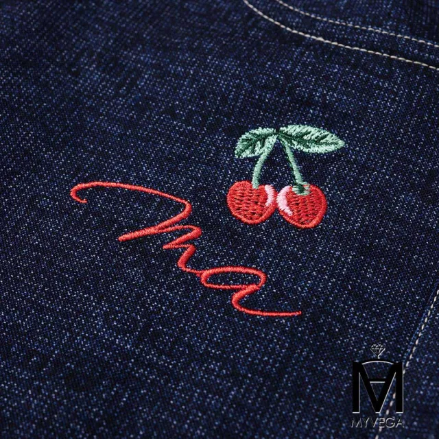 【MYVEGA 麥雪爾】MA櫻桃刺繡鬆緊腰仿牛仔寬直筒九分褲-深藍