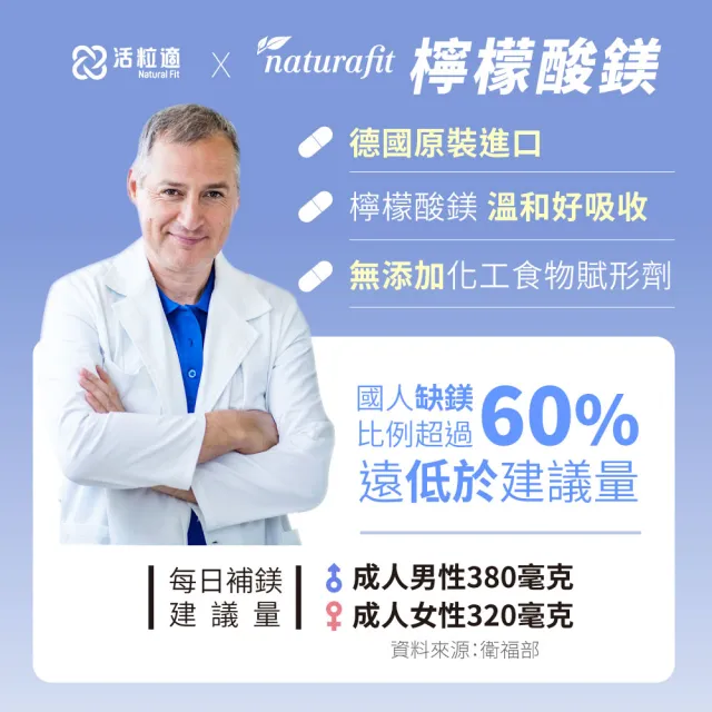 【德國 Natural Fit 活粒適】檸檬酸鎂130膠囊 60粒(素食 基礎必備營養 幫助好眠、消化、代謝)