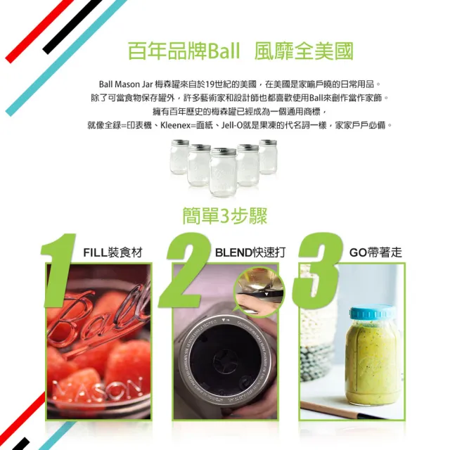 【美國Oster】Ball Mason Jar隨鮮瓶果汁機+隨鮮瓶果汁機替杯x2(一機三杯組)
