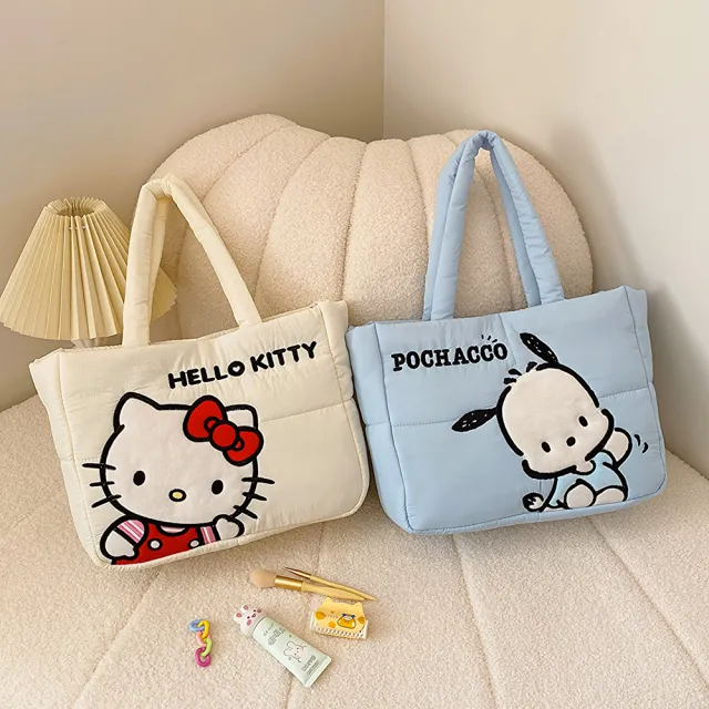 【SANRIO 三麗鷗】羽絨布可愛大頭像造型大容量手提袋單肩手提托特包-酷洛米/美樂蒂/帕洽狗