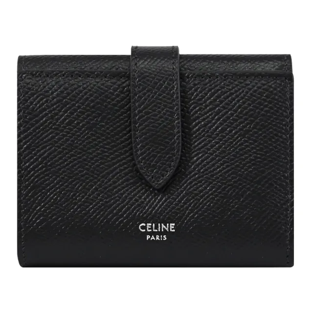 【CELINE】Fine Strap 簡約燙銀LOGO粒面小牛皮扣式三折短夾(黑)