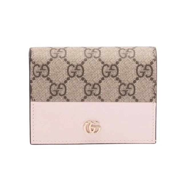 【GUCCI 古馳】GG Marmont 雙G LOGO牛皮拚帆布 皮夾 卡夾 短夾 米色 烏木色 粉色 841358