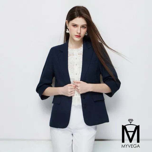 【MYVEGA 麥雪爾】MA亞麻反摺七分袖西裝外套-深藍