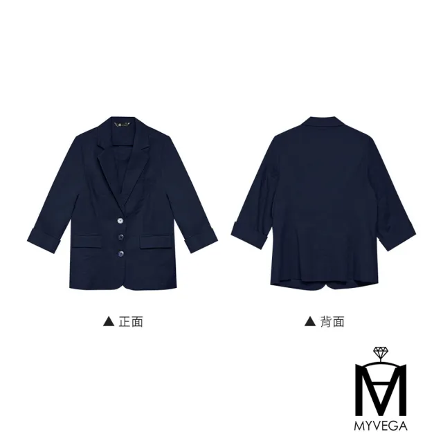 【MYVEGA 麥雪爾】MA亞麻反摺七分袖西裝外套-深藍