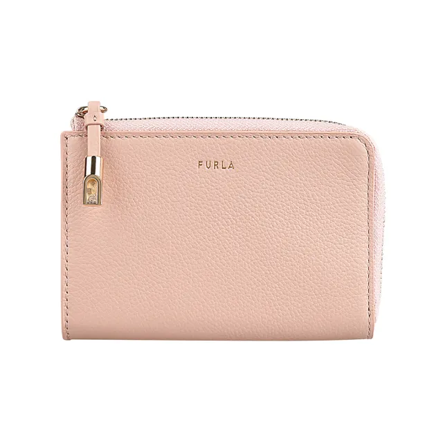 【FURLA 芙拉】FURLA Goccia大寫英文LOGO粒面牛皮內搭尼龍4卡L型拉鍊零錢包(中/粉米色)