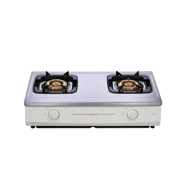  SAKURA櫻花牌 G-5201 雙口瓦斯爐，採用臺灣製造不鏽鋼爐臺與鋁銅合金爐頭，傳統外擴火焰設計提供均勻加熱。壓轉式自動點火方便操作，尺寸700 x 380 x 190 mm適閤家庭廚房。第一級能源效率，瓦斯消耗量9~10kW，支援天然氣與桶裝瓦斯，BSMI認證R51085，保固1年，標準安裝，節能耐用首選。 