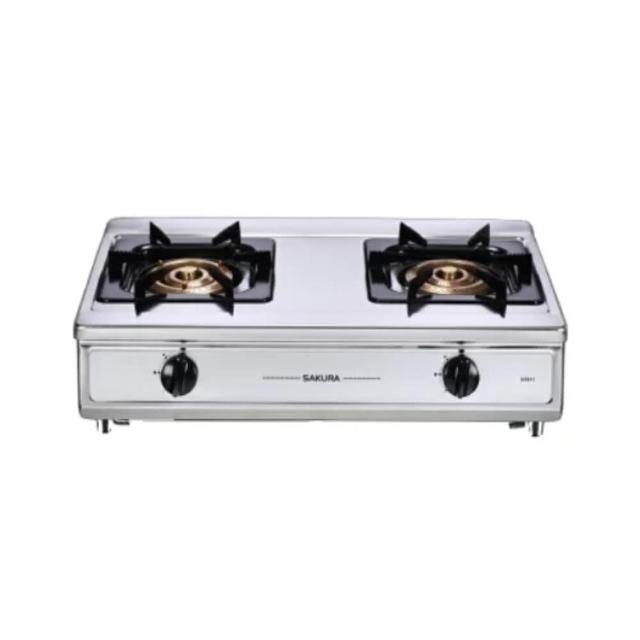 SAKURA櫻花牌 G-5611 雙口瓦斯爐採用不鏽鋼爐臺，傳統外擴火焰設計，提供強勁火力達11~12kW，壓電式自動點火方便使用，不需挖孔安裝，尺寸700 x 420 x 200 mm（含爐架），臺灣製造，能源效率第四級，適用天然瓦斯(NG1)或液化瓦斯(LPG)，保固1年，BSMI許可R51085，標準安裝完美適合廚房。 