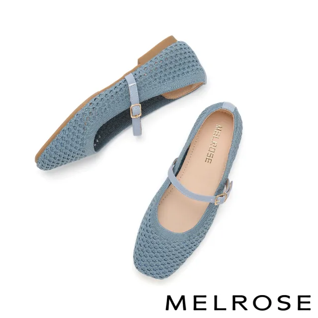 【MELROSE】美樂斯 率性優雅純色方釦繫帶飛織布瑪莉珍方頭平底鞋(藍)