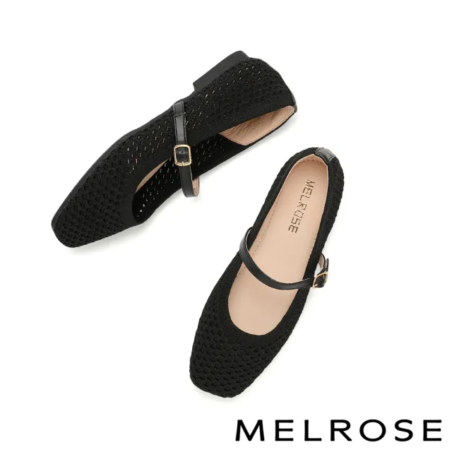 【MELROSE】美樂斯 率性優雅純色方釦繫帶飛織布瑪莉珍方頭平底鞋(黑)