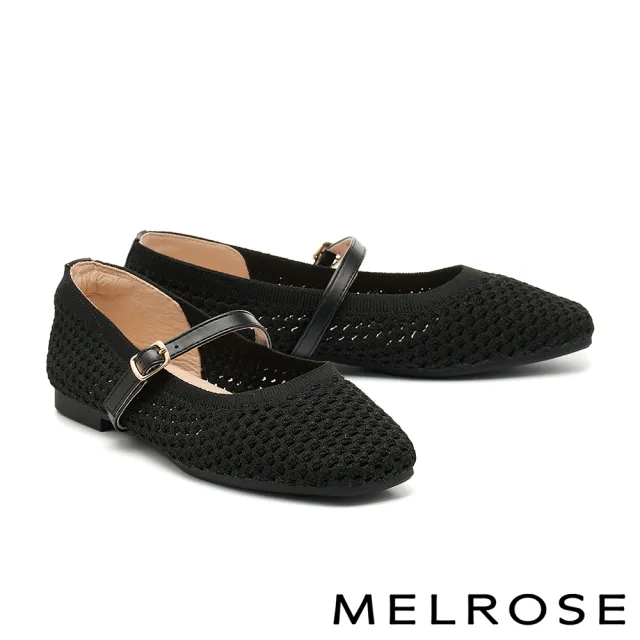 【MELROSE】美樂斯 率性優雅純色方釦繫帶飛織布瑪莉珍方頭平底鞋(黑)