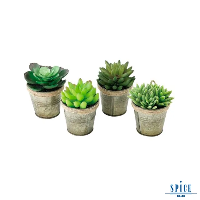 【SPICE】日本雜貨 仿舊白鐵皮盆栽人造綠色植物-4種組(裝飾 擺飾 假花 假盆栽 多肉植物)