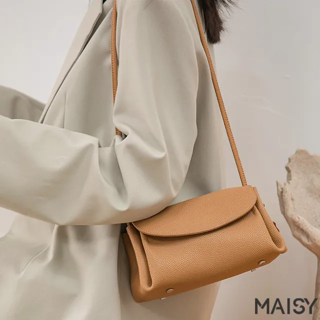 【MAISY】通勤時尚多隔層真皮肩背斜背包 小方包 ( 杏色 / 卡其色 / 黑色 )