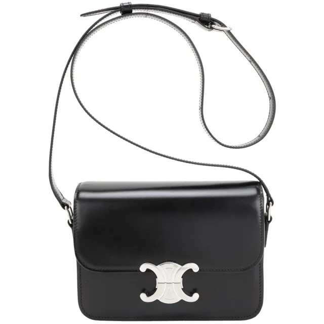 【CELINE】賽琳 TEEN Triomphe 黃銅銀凱旋門鎖亮面牛皮肩背包-黑色