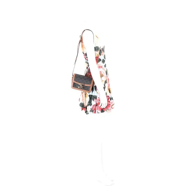 【CELINE】賽琳 TEEN Triomphe 黃銅凱旋門老花帆布拼小牛皮肩背包-黃褐色(肩背包 斜背包)