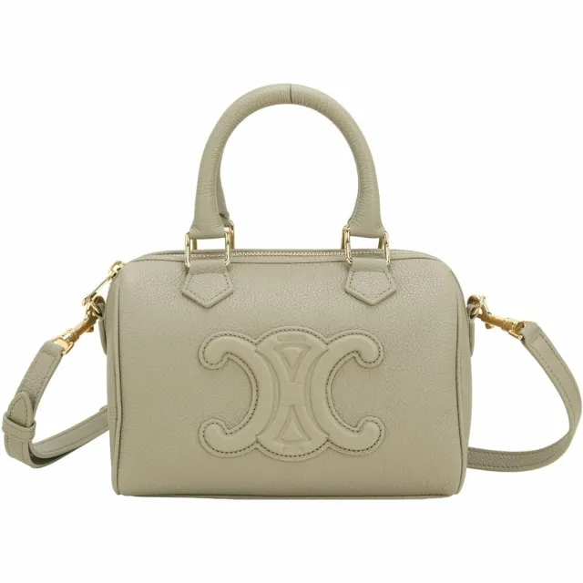 【CELINE】賽琳 小款 凱旋門荔紋牛皮手提肩 斜背波士頓包-灰色(手提包 斜背包 兩用包)