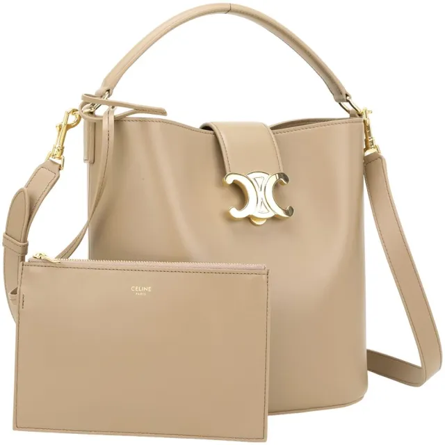 【CELINE】賽琳 LOUISE 中型 天然牛皮手提 斜背兩用水桶包 附可拆萬用袋-卡其色(手提包 斜背包 水桶包)
