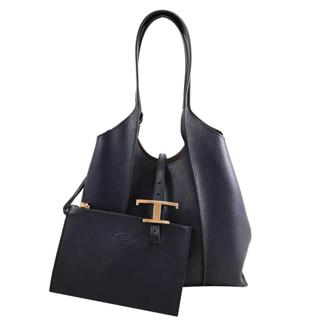 【TOD’S】TODS T Timeless 金屬T LOGO小牛皮附萬用袋大托特包(深藍)