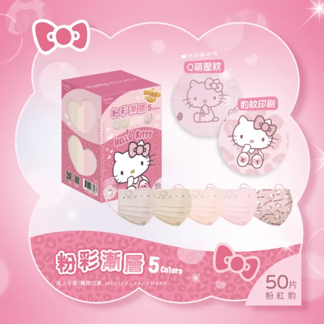 【Injoyyi 幸福物語】Hello Kitty豹紋五色醫療口罩3盒組 50片/盒(一盒5色 成人平面多款選)