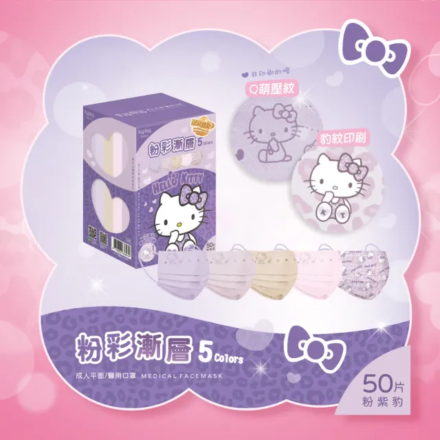【Injoyyi 幸福物語】Hello Kitty豹紋五色醫療口罩3盒組 50片/盒(一盒5色 成人平面多款選)