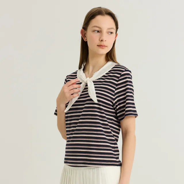 【YUANDONGLI 元動力】法式優雅領片打結條紋上衣(藍;S-L;4261171601)