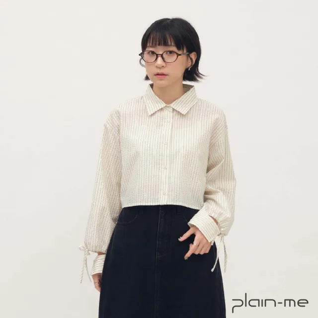 【plain-me】SAAKO 襯衫 女生襯衫 女上衣 條紋襯衫 泡泡紗袖口綁帶_SAA3338-261